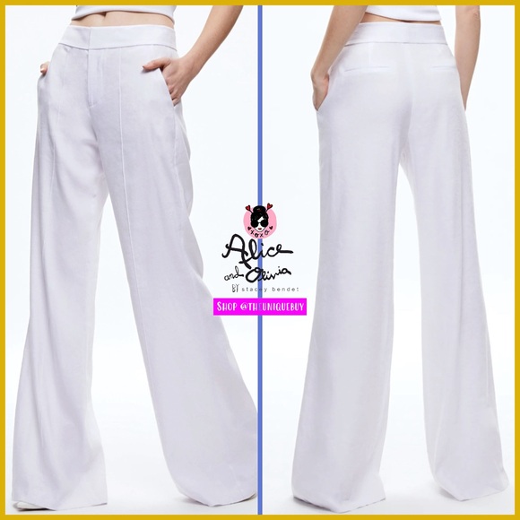 Alice + Olivia Dylan White High Waisted Linen Wide Leg Pant - Picture 1 of 16